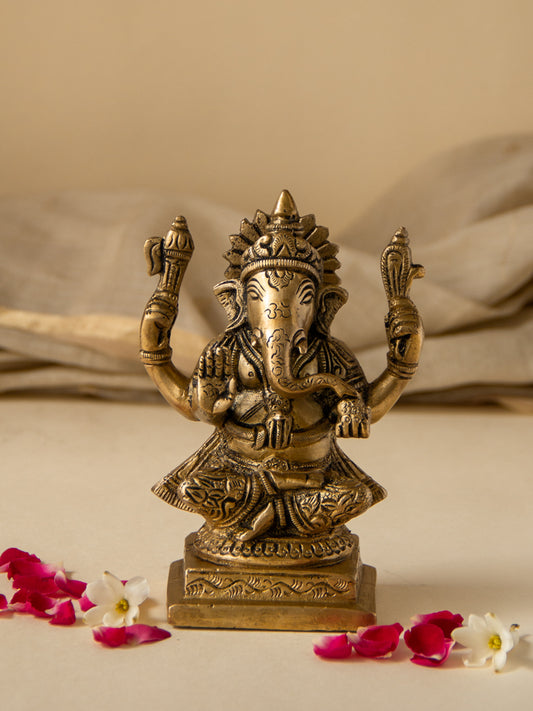 Ganesh Sitting Brass Idol on a Square Base