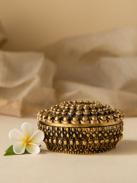 Intricately Carved Brass Jewel Round Box