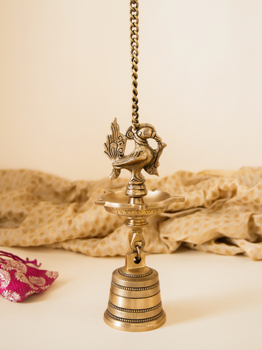 Brass Peacock Pancham Diya With Bell with Hanging Chain