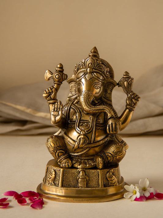 Lord Ganesh Brass Idol Seated on Pedestal