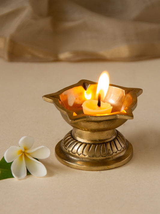 Phool Carved Brass Diya – Handcrafted 5-Wick Oil Lamp