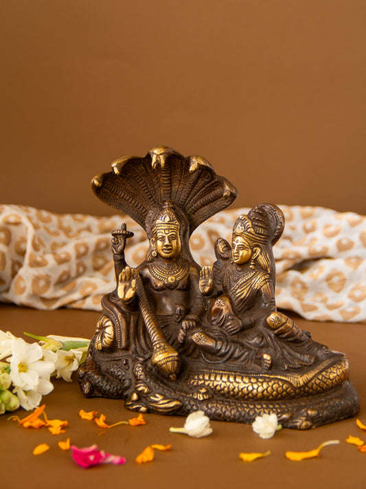 Lord Vishnu and Goddess Lakshmi Seated on Sheshnag Brass Idol