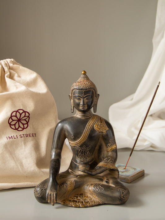 Double Chola Tibetan Buddhist Bhumisparsha Buddha Brass Idol