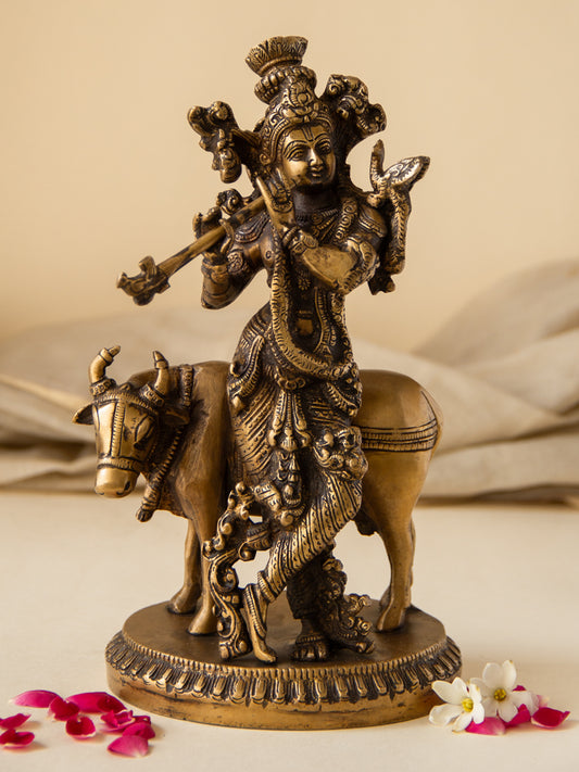 Krishna Playing Flute with Cow Brass Idol