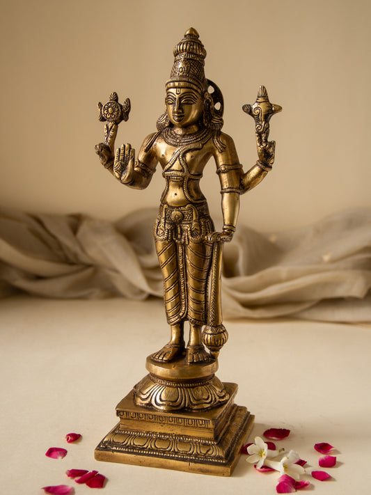 Lord Vishnu Brass Idol Standing on Pedestal