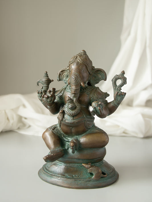 Brass Lord Ganesha Holding Kumbha In a Trunk Brass Idol