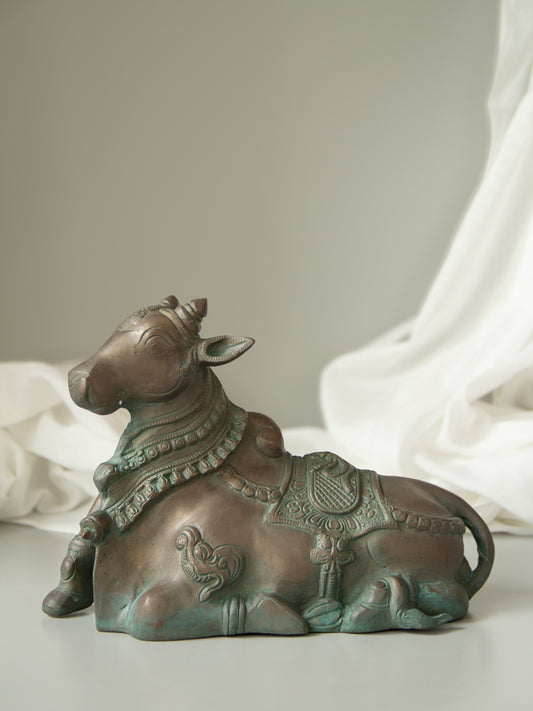Sitting Nandi Handcarved Brass Idol