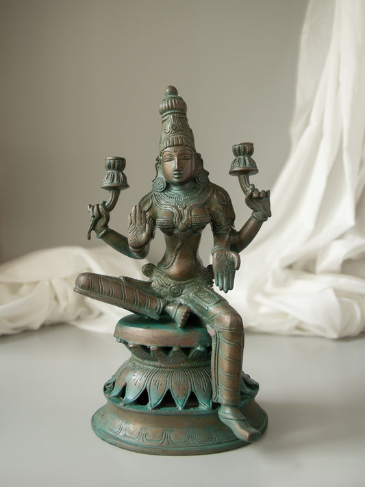 Goddess Lakshmi Brass Idol Sitting On Lotus Base