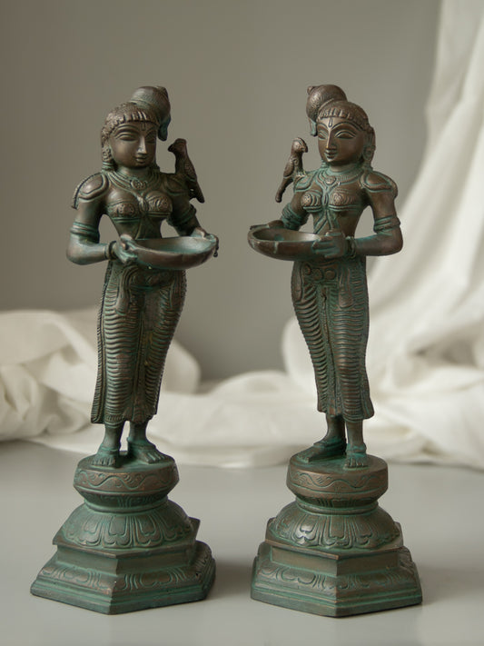 Pair of Deepalakshmis  Brass Idol with Parrots Perched Upon The Shoulder